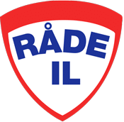 Bilde av logoen til Råde Idrettslag, transparent bakgrunn, logoen har formen til et skjold med rød kant, hvit bakgrunn og blå tekst - Råde IL - Idrettslag
