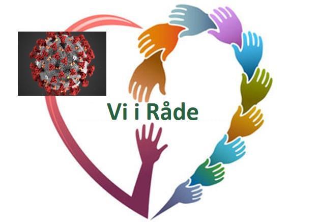 Bilde av hender som former et hjerte i ulike farger, til venstre er et bilde av covid-19-viruset og i midten står "Vi i Råde" i grønn tekst - Råde IL - Idrettslag