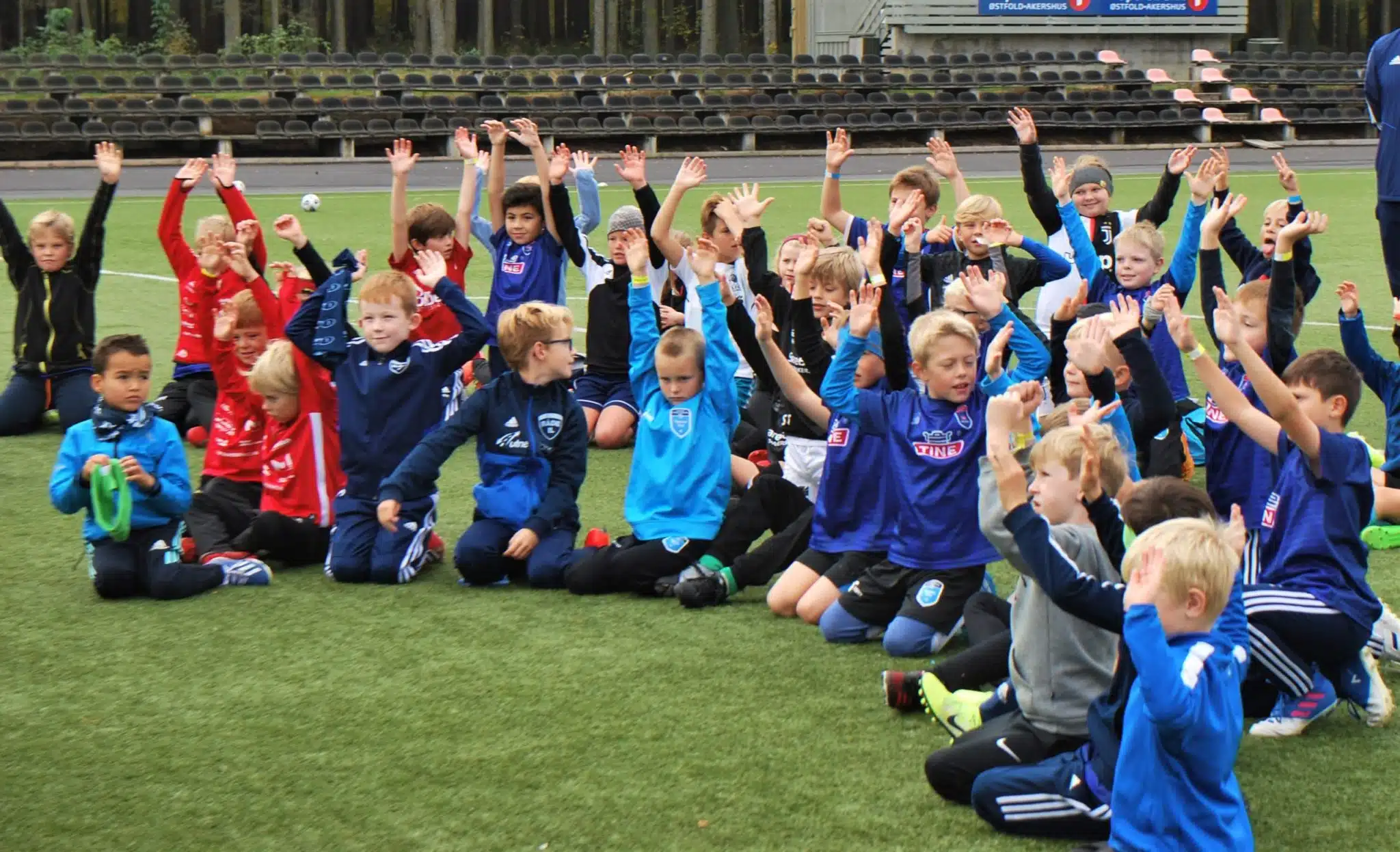 Bilde av barn som sitter ute og jubler med hendene i været på fotballbanen - Råde IL - Idrettslag